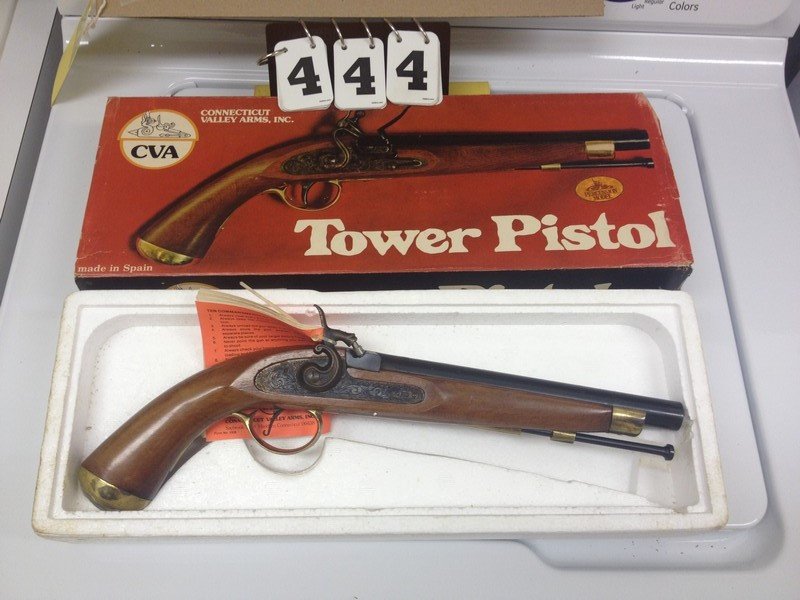 CVA TOWER PISTOL - PERCUSSION MODEL PP203 - SERIAL: CVA TOWER PISTOL - PERCUSSION MODEL PP203 - SERIAL No.0063072 - 45 CALIBER MUZZLE LOADER - .440 BALL WITH PATCH - BLACK POWDER ONLY - MADE IN SPAIN (WITH ORIGINAL BOX / SLIGHT BURNISHING ON BRASS / MI