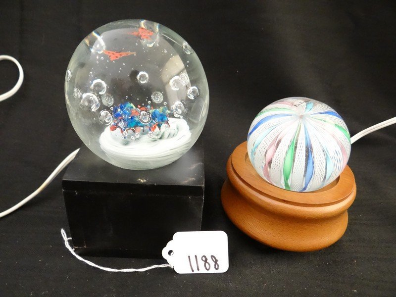 LOT OF 2 GLASS GLOBE WEIGHTS - ELECTRIC UP LIGHTS -: LOT OF 2 GLASS GLOBE WEIGHTS - ELECTRIC UP LIGHTS - BUTTERFLY 4'' / KALEIDOSCOPE 3''
