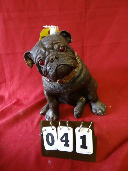 BRONZE STATUE - SITTING PUG DOG (WITH RED GLASS EYES) -: BRONZE STATUE - SITTING PUG DOG (WITH RED GLASS EYES) - 10''L x 9''W x 11''H