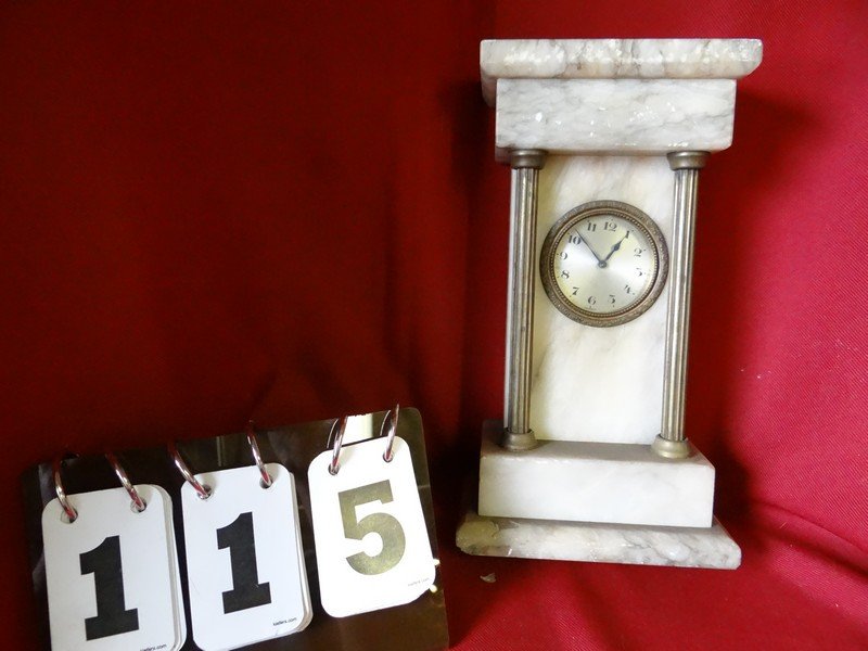 MARBLE CLOCK - WIND-UP CLOCK - MADE IN GERMANY - 5''L x: MARBLE CLOCK - WIND-UP CLOCK - MADE IN GERMANY - 5''L x 3''W x 9.5''H (SOME CRACKS AND CHIPS THROUGHOUT)
