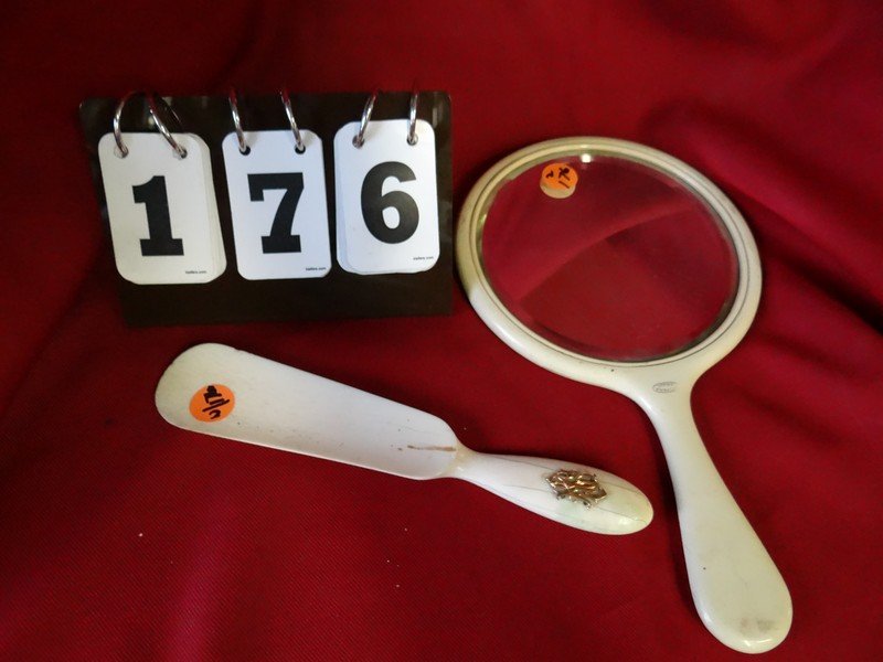 LOT OF 2 PIECES - 10'' IVORY MIRROR(6'' MIRROR) WITH: LOT OF 2 PIECES - 10'' IVORY MIRROR(6'' MIRROR) WITH INLAID INITIALS ON BACK - 8.5'' IVORY SHOE HORN WITH INITIALS ON HANDLE