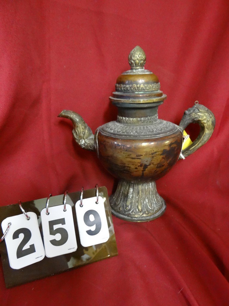 COPPER AND BRASS TEA/COFFEE POT - STAMP ONINA (ON: COPPER AND BRASS TEA/COFFEE POT - STAMP ONINA (ON BOTTOM) - 11''L x 6''W x 12''H