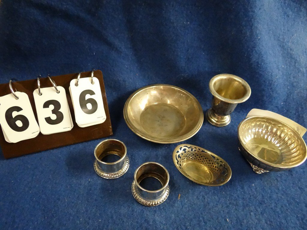 LOT OF 6 - STERLING SILVER ASSORTED - 2 NAPKIN RING BY: LOT OF 6 - STERLING SILVER ASSORTED - 2 NAPKIN RING BY BIRKS 2'' ROUND - 1 GOBLET REGISTER BY LA PIERRE #66 3'' TALL - 1 BASKET 3'' LONG (1'' TALL) - 1 CANDY DISH BY GAD 3'' LONG (1.5'' TALL) - 1 CAND