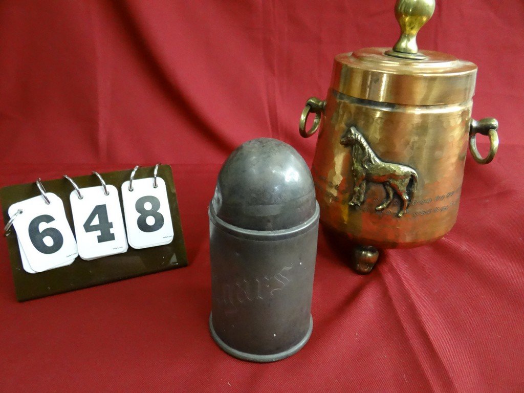 LOT OF 2 - ASSORTED - 1 COPPER ICE BUCKET 10'' - 1: LOT OF 2 - ASSORTED - 1 COPPER ICE BUCKET 10'' - 1 SILVER CIGAR CANISTER 7''