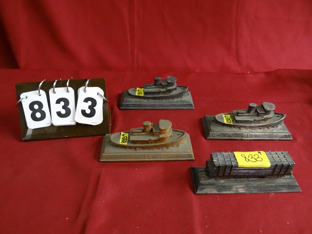 LOT OF 4 - COLLECTABLE - 3 BRONZE(COYLE LINES BOATS) 1: LOT OF 4 - COLLECTABLE - 3 BRONZE(COYLE LINES BOATS) 1 BRONZE(CHICAGO WOODS PLYING COMPANY) TRAIN CAR, 1 COPPER(COYLE LINES BOAT) 6''L x 2''W x 2''H