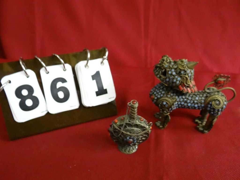 LOT OF 2 - BRASS FIGURINES WITH BEADED STONES - DRAGON: LOT OF 2 - BRASS FIGURINES WITH BEADED STONES - DRAGON 4'' x 4''- BOTTLE 3'' TALL