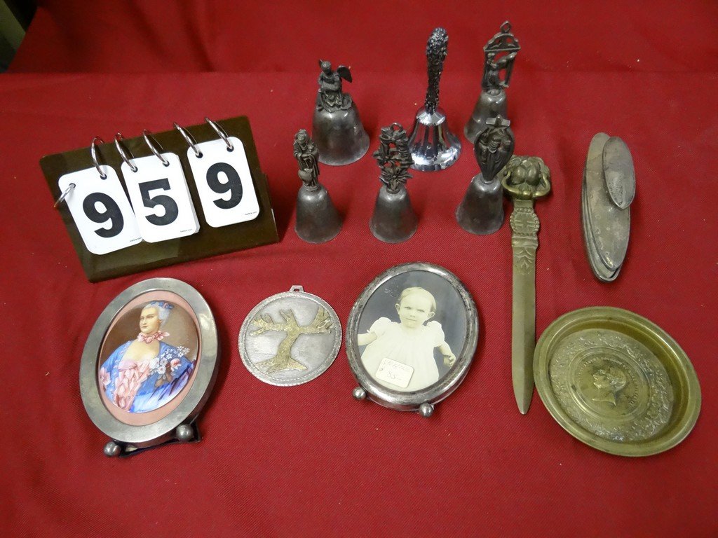 LOT OF 12 - ASSORTED STERLING SILVER/SILVER PLATED: LOT OF 12 - ASSORTED STERLING SILVER/SILVER PLATED DECOR - BELLS, FRAMES, AND MORE