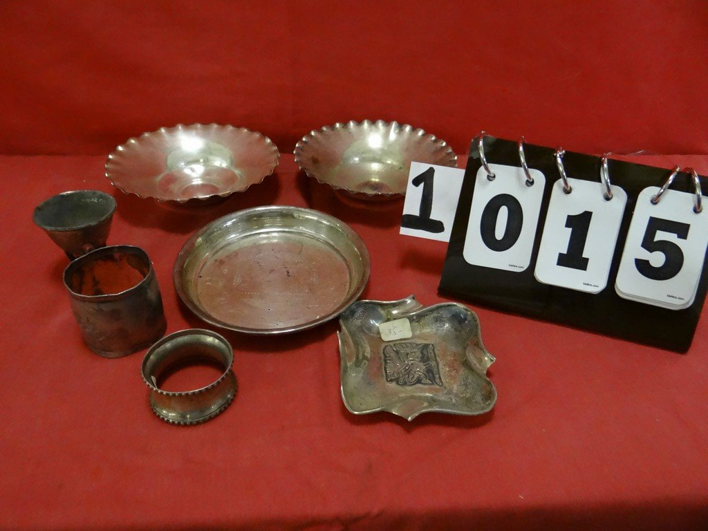 LOT OF 7 - STERLING SILVER/SILVER TONE ASSORTED -: LOT OF 7 - STERLING SILVER/SILVER TONE ASSORTED - DISHES, PLATES, NAPKIN RINGS