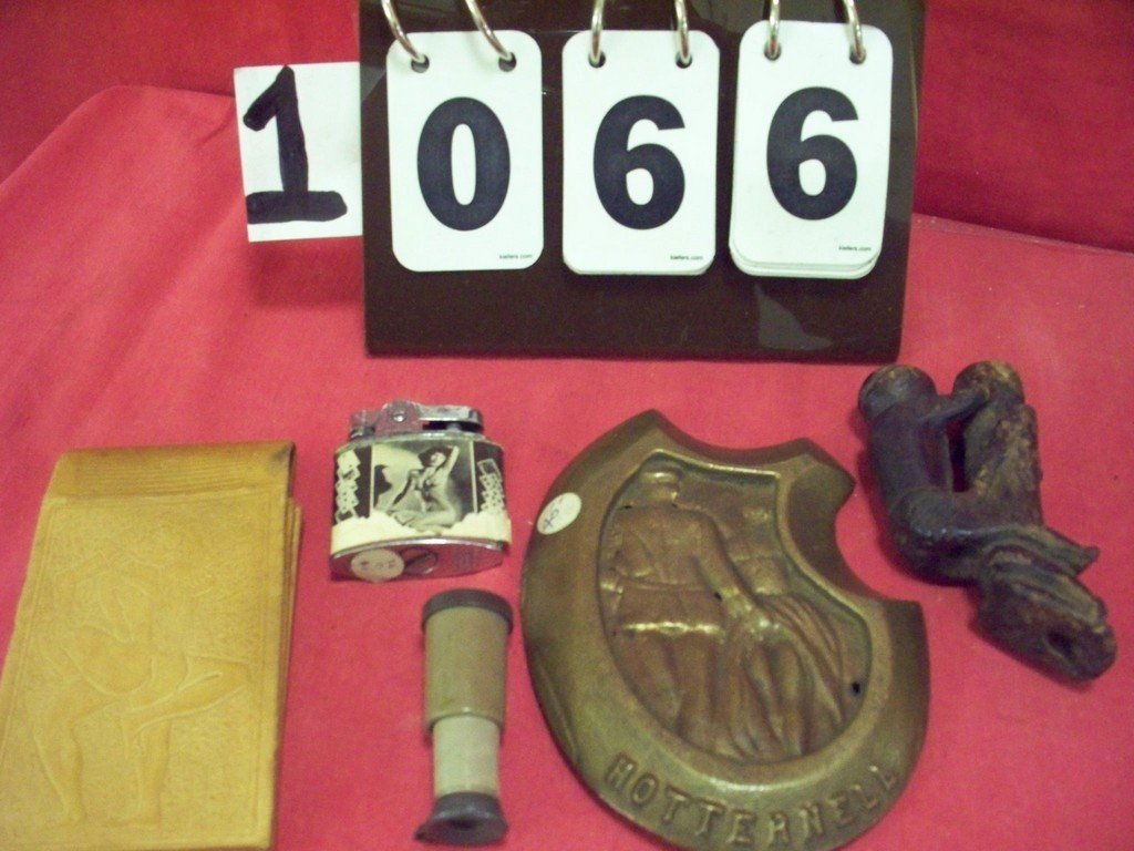 LOT OF 5 - ASSORTED EROTICA - LIGHTER - WOOD CARVED: LOT OF 5 - ASSORTED EROTICA - LIGHTER - WOOD CARVED FIGURINE - BRONZE MILITARY RAISE RELIEF(HOTTER NELL) - LEATHER CIGARETTE CASE(MADE IN INDIA) STAMPED NUDE COUPLE - 1'' KALEIDOSCOPE