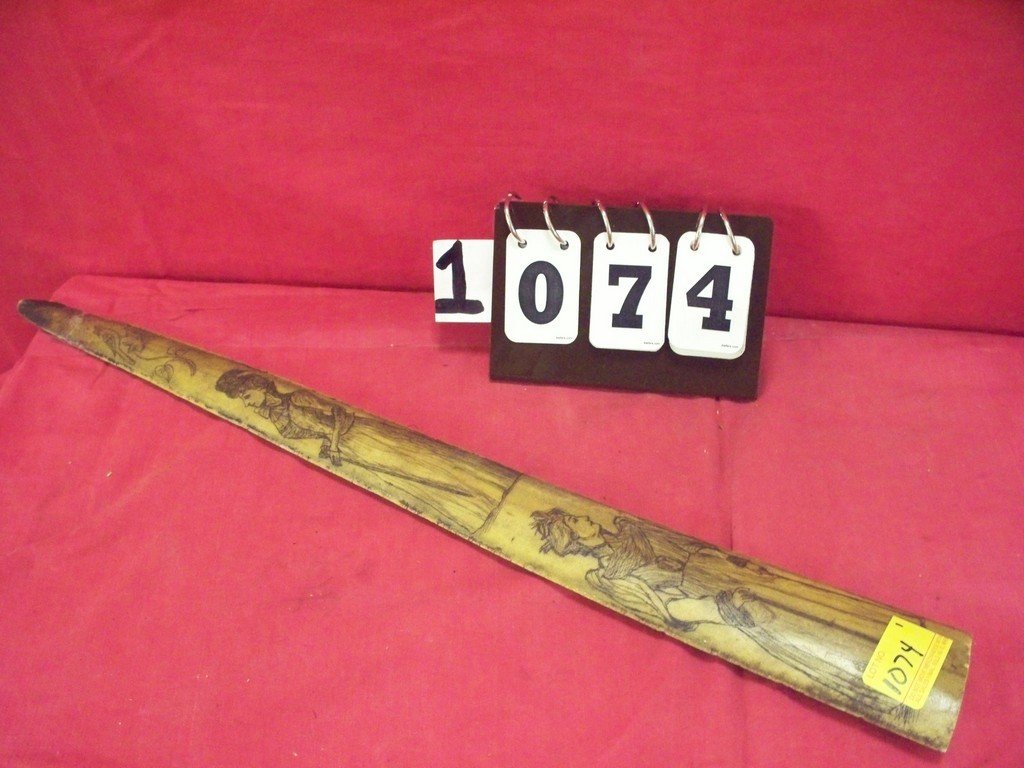SWORD FISH BONE - SCRIMSHAW TWO WOMAN - 23.5'': SWORD FISH BONE - SCRIMSHAW TWO WOMAN - 23.5'' LONG(2.5'') (TIP NEEDS TO BE REPAIRED)