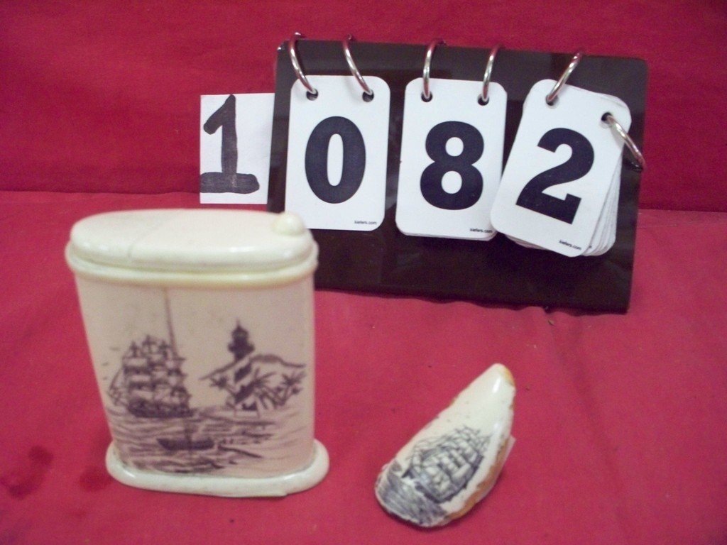 LOT OF 2 - ASSORTED BONE - SCRIMSHAW - BONE CIGARRETTE: LOT OF 2 - ASSORTED BONE - SCRIMSHAW - BONE CIGARRETTE CASE 3.5'' - SMALL BONE FIGURINE 2''