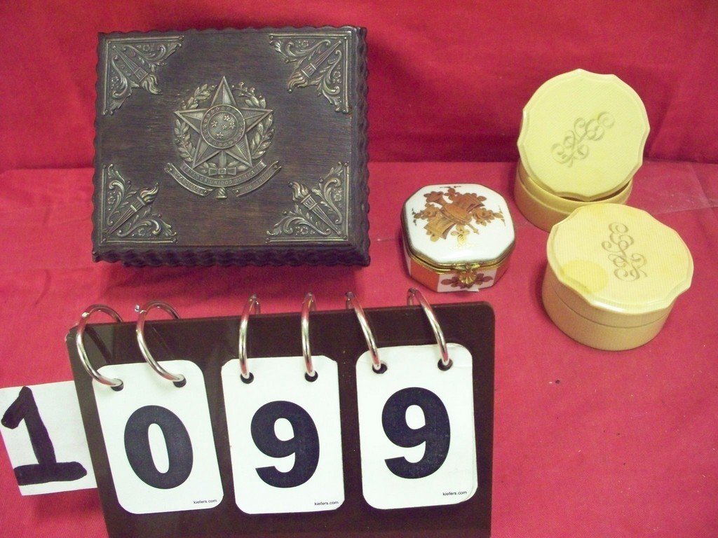 LOT OF 4 - COVERED BOXES ASSORTED - WOOD WITH METAL: LOT OF 4 - COVERED BOXES ASSORTED - WOOD WITH METAL TRIM 5'' x 4.5'' - 2 DUBARRY BOXES 2'' - 1 PORCELAIN PILL BOX WITH GOLD TRIM 2''