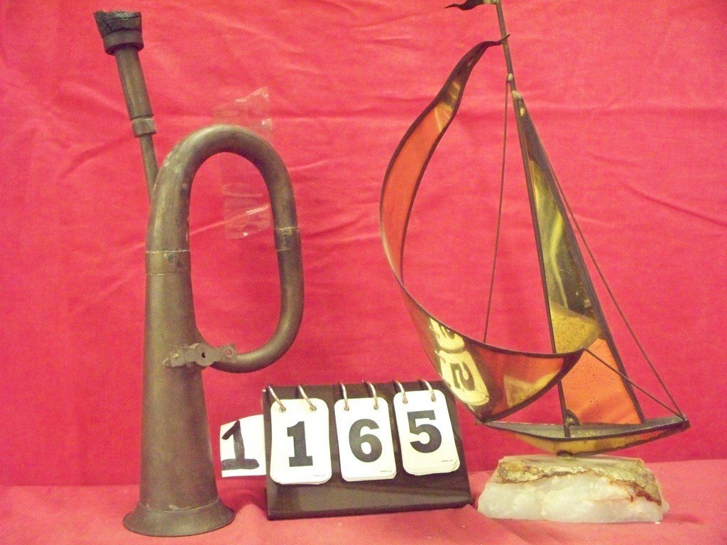 LOT OF 2 - 1 BRASS CALVARY BUGLE(DAMAGED MOUTH PIECE) -: LOT OF 2 - 1 BRASS CALVARY BUGLE(DAMAGED MOUTH PIECE) - 1 BRASS SAIL BOAT ON QUARTZ BASE - 16'' EACH