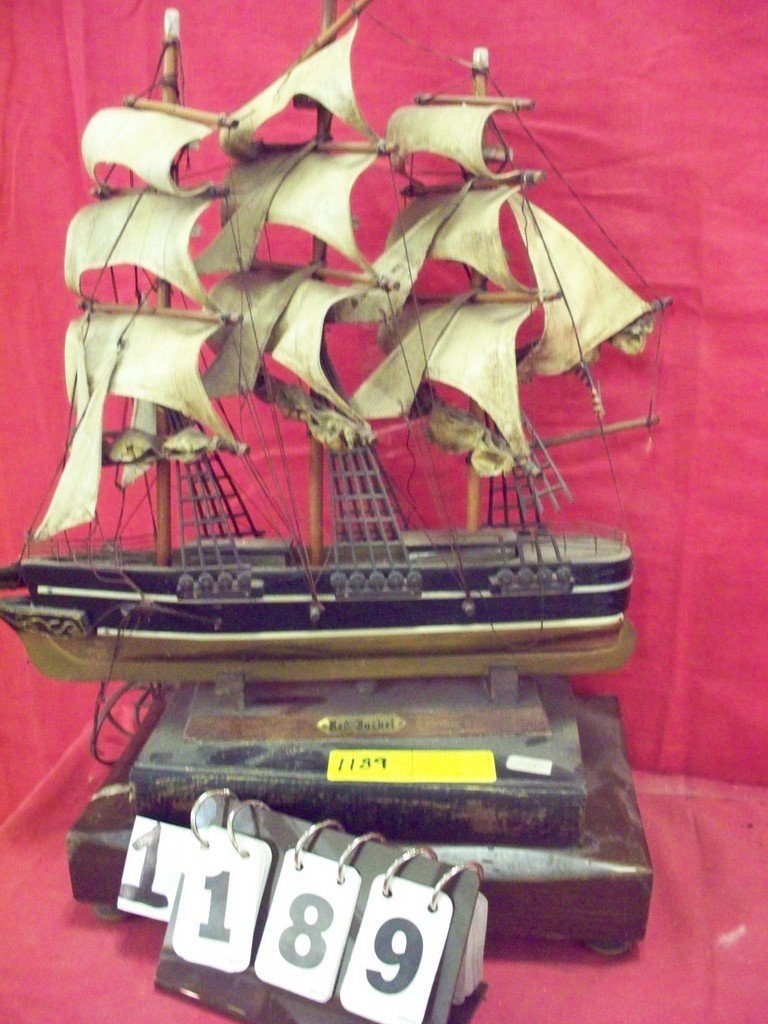 MODEL SHIP - RED JACKET - ELECTRIC(NEEDS REWIRING): MODEL SHIP - RED JACKET - ELECTRIC(NEEDS REWIRING) 16''LONG(19''TALL) (RIGGING NEEDS REPAIR)ON WOOD BASE