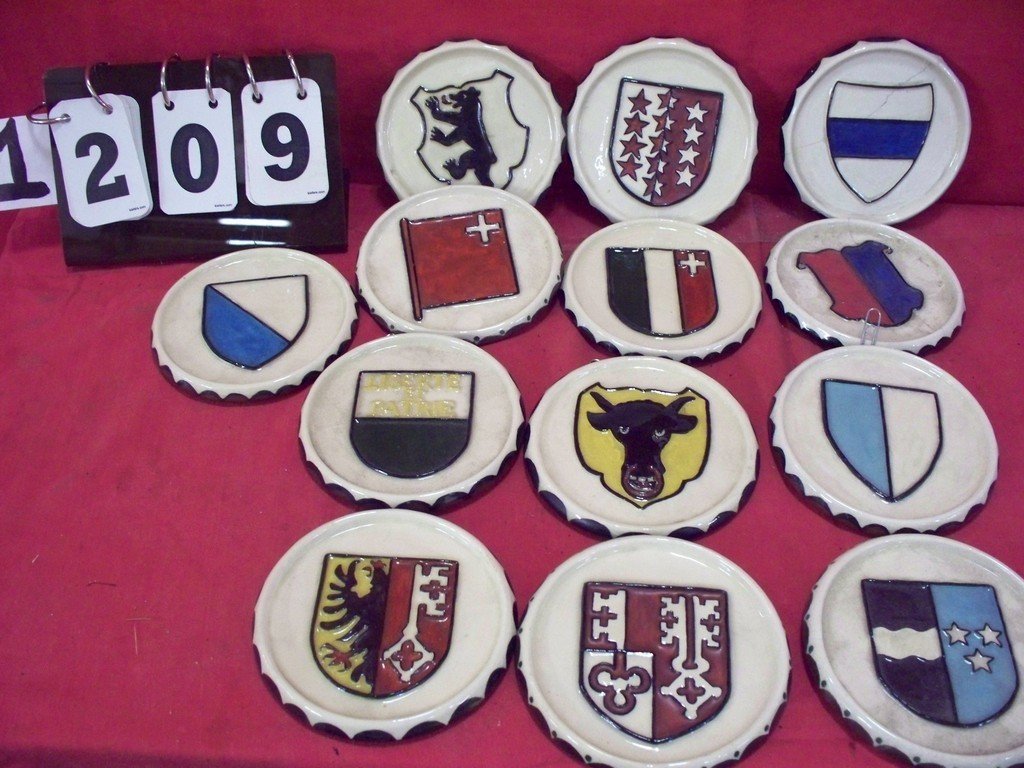 LOT OF 13 - HAND PAINTED COASTERS - CLAIRE STUDIOS -: LOT OF 13 - HAND PAINTED COASTERS - CLAIRE STUDIOS - ASSORTED (2 HAVE SMALL CHIPS)