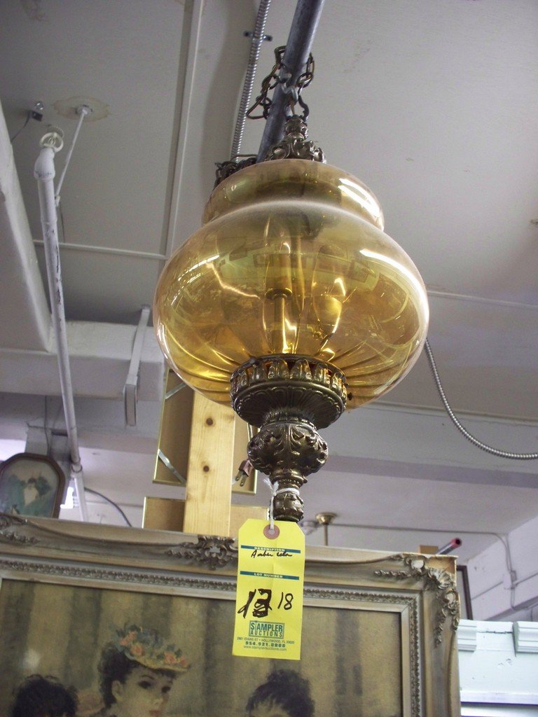 HANGING LIGHT - AMBER COLORED GLASS - WITH BRASS: HANGING LIGHT - AMBER COLORED GLASS - WITH BRASS APPOINTMENTS - 24''