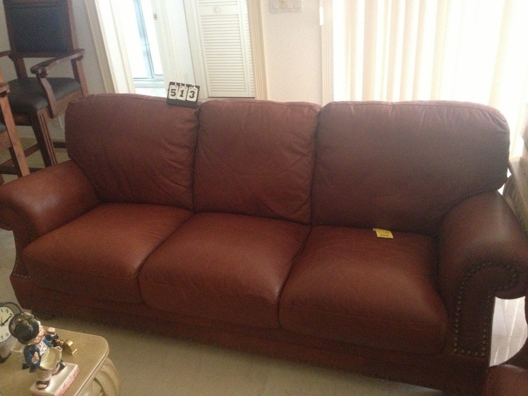 BURGUNDY LEATHER SOFA WITH NAIL HEAD TRIM - 7' LONG -: BURGUNDY LEATHER SOFA WITH NAIL HEAD TRIM - 7' LONG - WORN