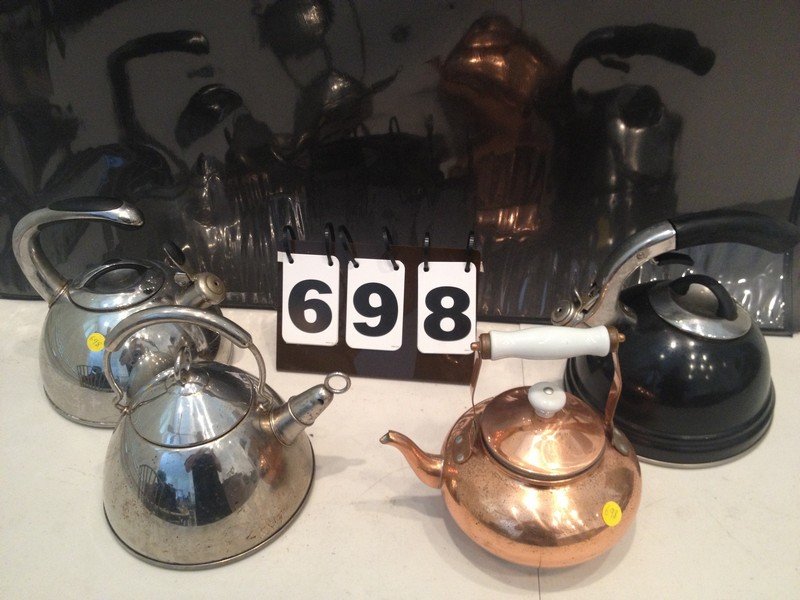 LOT OF 4 ASSORTED TEA KETTLES - 1 SOLID COPPER / 3: LOT OF 4 ASSORTED TEA KETTLES - 1 SOLID COPPER / 3 METAL