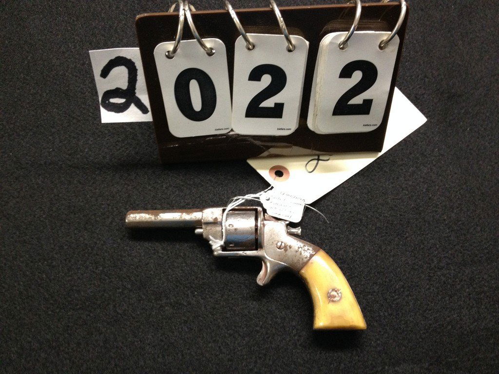 ETHAN ALLEN SIDE HAMMER RIMFIRE REVOLVER - .22 CALIBER: ETHAN ALLEN SIDE HAMMER RIMFIRE REVOLVER - .22 CALIBER - 2.5'' BARREL - 1860 (GRIPS CROOKED / BARREL RUSTED)