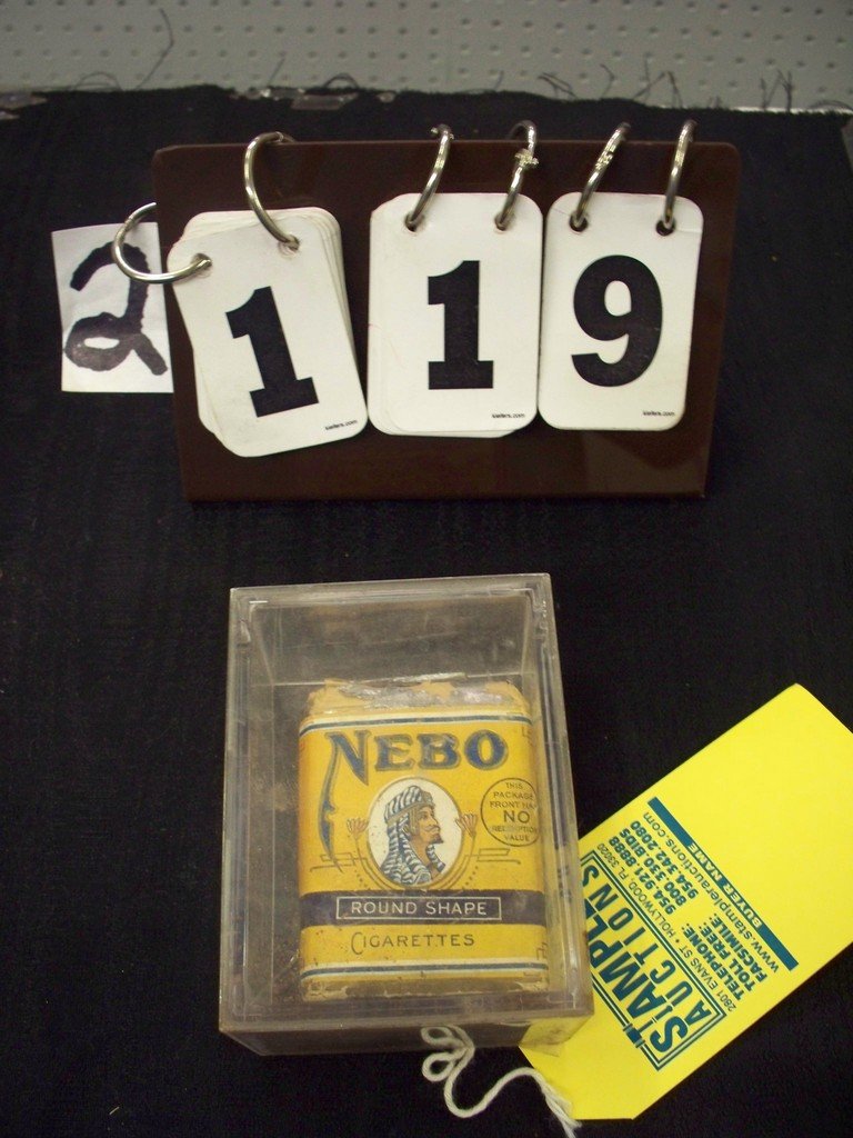 PACK NEBO ROUND SHAPE CIGARETTES IN LUCITE CASE - 1908: PACK NEBO ROUND SHAPE CIGARETTES IN LUCITE CASE - 1908 - 4''x3''x2''