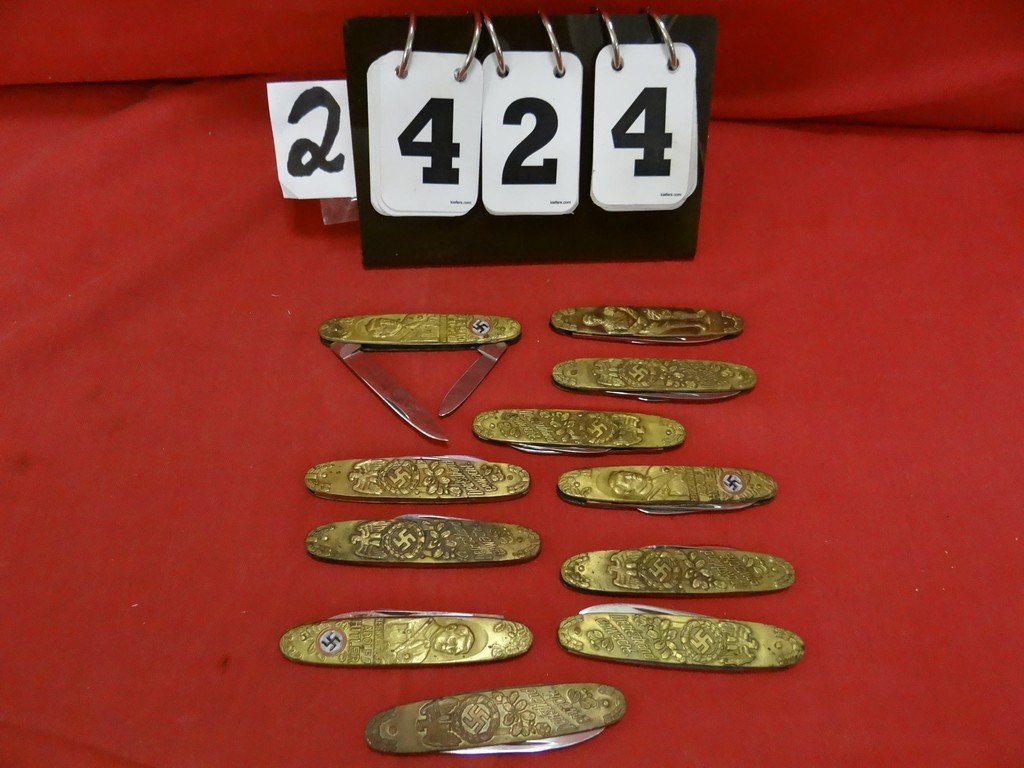 LOT OF 11 ASSORTED POCKET KNIVES & FOLDING KNIVES -: LOT OF 11 ASSORTED POCKET KNIVES & FOLDING KNIVES - ADOLF HITLER / NAZI / ETC - BRASS CASING