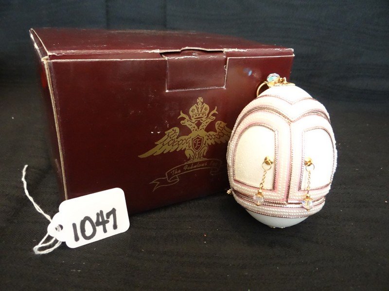 LOT OF 2 EGGS - THE FABULOUS EGG - FABERGE STYLE -: LOT OF 2 EGGS - THE FABULOUS EGG - FABERGE STYLE - OBLONG - HANGING /// WITH 2 DOORS - CRYSTAL - WHITE PEARL TRIM /// PEARL BEARS - BROWN INSIDE - FRONT OPEN WITH FLOWER - PURPLE BEAD TRIM