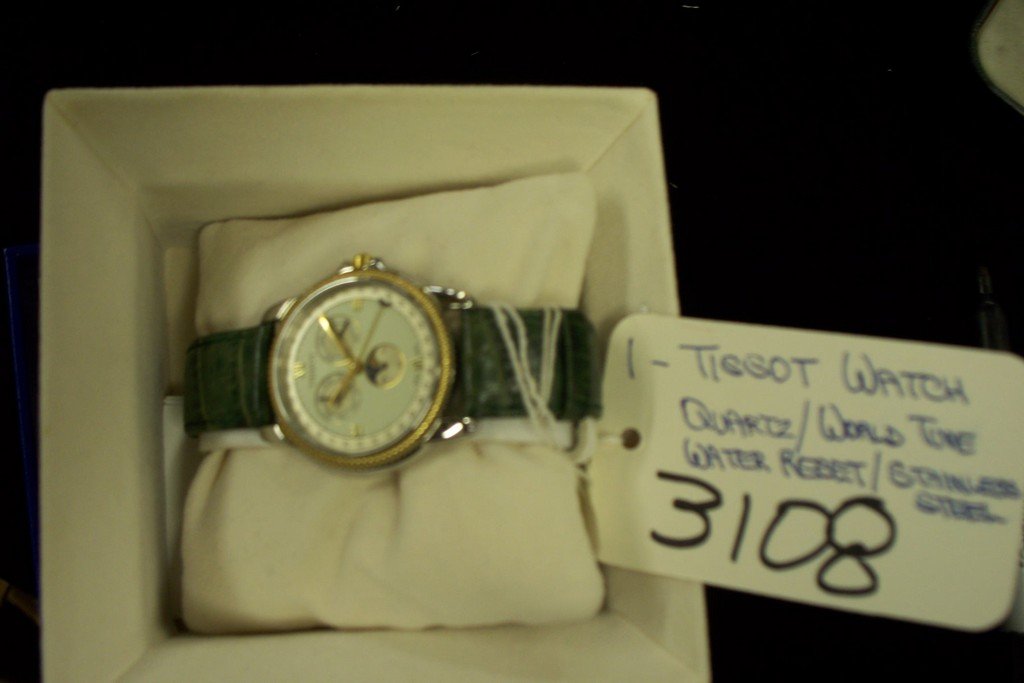 WATCH - TISSOT - STAINLESS STEEL / GREEN LEATHER BAND /: WATCH - TISSOT - STAINLESS STEEL / GREEN LEATHER BAND / LARGE (NEW IN BOX)