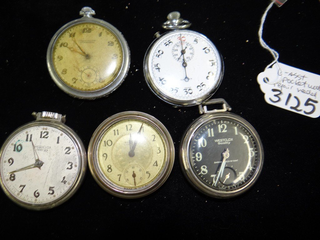 LOT OF 5 POCKET WATCHES - 3 WESTCLOX / 1 GALLET / 1: LOT OF 5 POCKET WATCHES - 3 WESTCLOX / 1 GALLET / 1 LOWENTHAL (USED / POOR CONDITION)