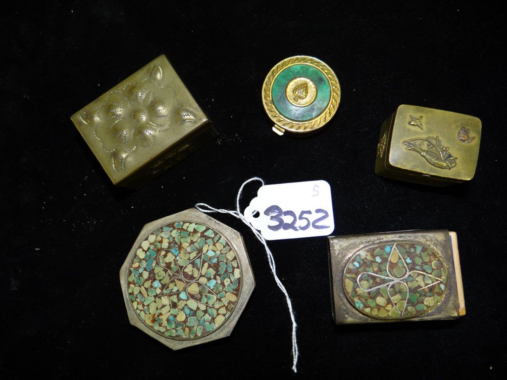 LOT OF 5 PIECES - BRASS, METAL & STONE MATCH BOXES /: LOT OF 5 PIECES - BRASS, METAL & STONE MATCH BOXES / PILL BOXES WITH INLAID STONES