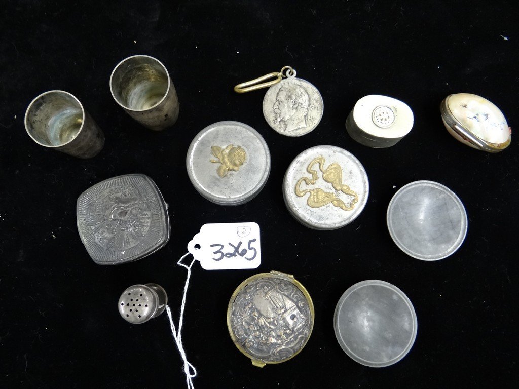 LOT OF 12 PIECES - 6- ASSORTED STERLING SILVER & METAL: LOT OF 12 PIECES - 6- ASSORTED STERLING SILVER & METAL PILL BOXES / 2- MINIATURE STONE BOWLS / 1- STERLING SILVER MINIATURE SHAKER / 2- SILVER SHOT GLASSES / 1- COIN MEDALLION KEY RING