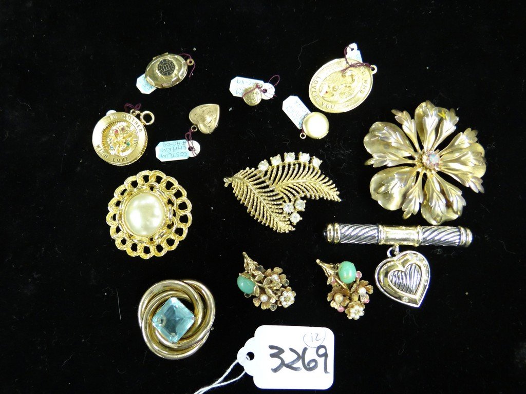 LOT OF 12 PIECES - ASSORTED PINS & COSTUME JEWELRY -: LOT OF 12 PIECES - ASSORTED PINS & COSTUME JEWELRY - PINS (SOME WITH STONES) / LOCKET / PAIR OF EARRINGS WITH PEARLS & STONES / PENDANTS