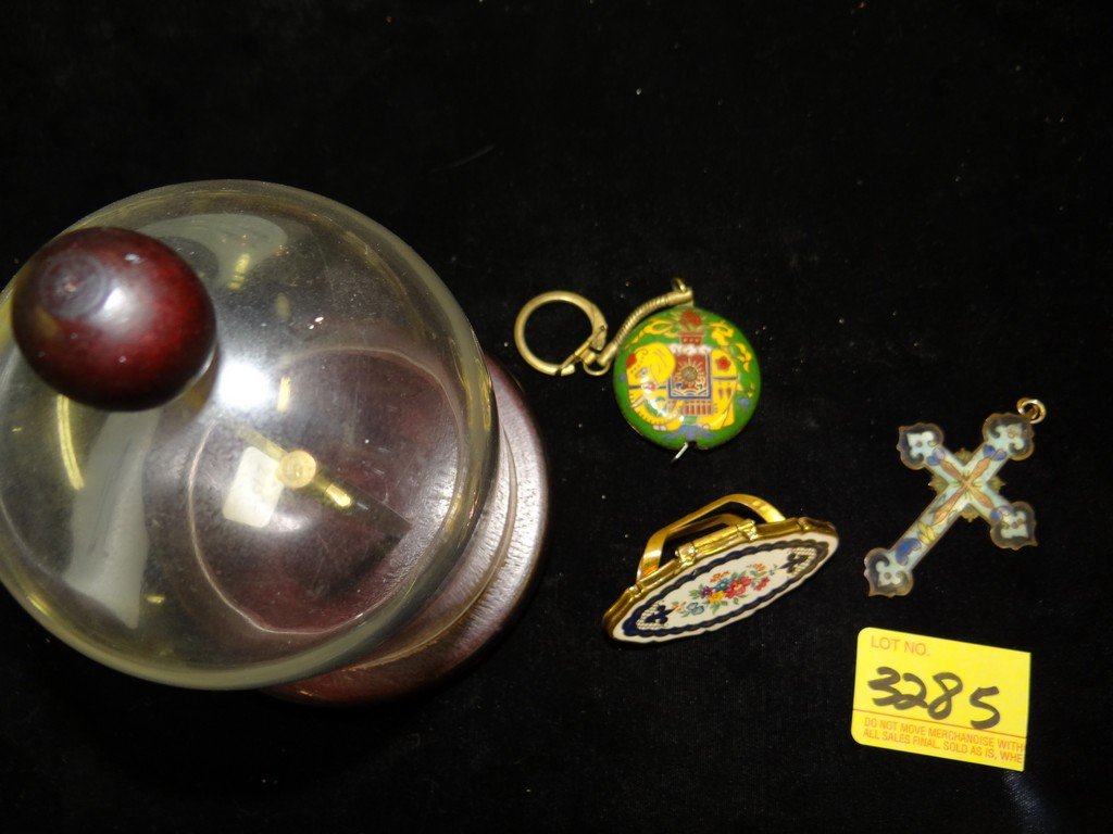 LOT OF 4 PIECES - ENAMEL LIPSTICK HOLDER / CLOISONNE: LOT OF 4 PIECES - ENAMEL LIPSTICK HOLDER / CLOISONNE KEY RING / KEY CHAIN WITH ELEPHANT DESIGN / GLASS BELL WITH HANGING CRUCIFIX