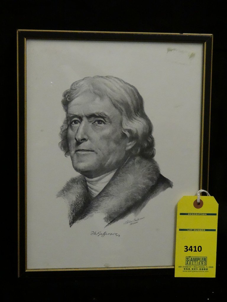 INK SKETCH - ''THOMAS JEFFERSON'' / PORTRAIT OF FACE -: INK SKETCH - ''THOMAS JEFFERSON'' / PORTRAIT OF FACE - SIGNED J. WILBUR GONTERMAN OF ST. LOUIS - BLACK WOOD FRAME - SIZE WITH FRAME 10.75''x13.75''