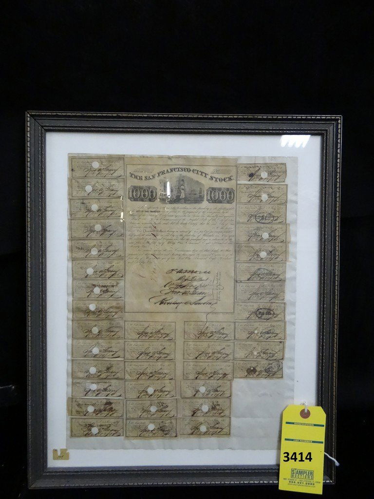 MOUNTED TICKETS - THE SAN FRANCISCO CITY STOCK /: MOUNTED TICKETS - THE SAN FRANCISCO CITY STOCK / COMMISSIONERS OF THE FUNDED DEBT OF THE CITY OF SAN FRANCISCO - SIGNED R.F. BUTLER (MIDDLE RIGHT) - PLASTIC FRAME - SIZE WITHOUT FRAME 12.5''x16.5'' /