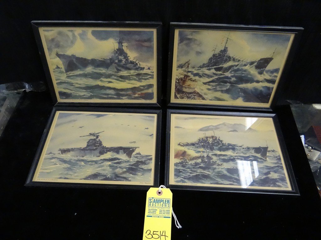 PRINTS - CAMOUFLAGED MAJESTY (USS ALABAMA) /: PRINTS - CAMOUFLAGED MAJESTY (USS ALABAMA) / CONFIDENTIAL MISSION (USS SAN DIEGO) / TASK FORCE (USS CLEVELAND) / AIR RAID (USS ENTERPRISE) - SIGNED ARTHUR BEAUMONT (BOTTOM RIGHT) - SIZE WITH FRAME 10'