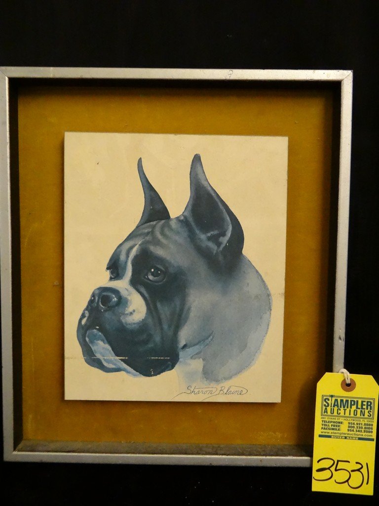 WATERCOLOR ON BOARD - DOG / BOXER - BLUE HUES - SIGNED: WATERCOLOR ON BOARD - DOG / BOXER - BLUE HUES - SIGNED SHARON (BOTTOM RIGHT) - WOOD SHADOW BOX - SIZE WITHOUT FRAME 9''x11'' / SIZE WITH FRAME 13.5''x16'' (SHADOW BOX CRACKED)