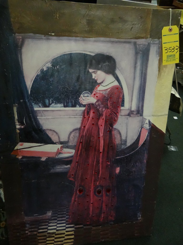 PICTURE ON CANVAS - WOMAN HOLDING CRYSTAL WITH OPEN: PICTURE ON CANVAS - WOMAN HOLDING CRYSTAL WITH OPEN BOOK - ACRYLIC PAINTED EXPANDING BORDER - SIGNED JW WATERHOUSE 1902 - SIZE 24''x36''