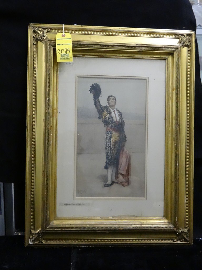 CHARCOAL - ''ROMA'' / MATADOR RAISING HAT - SIGNED: CHARCOAL - ''ROMA'' / MATADOR RAISING HAT - SIGNED GIOJA, BELASARIO (BOTTOM RIGHT) - ORNATE RAISED GOLD COLOR WOOD FRAME WITH DOUBLE MAT - SIZE WITHOUT FRAME 11.5''x19.5'' / SIZE WITH FRAME 27''x35.5'
