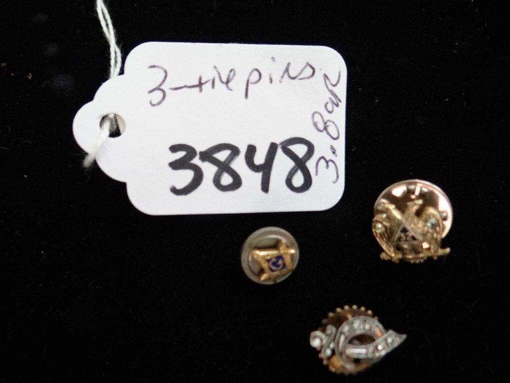 LOT OF 3 TIE PINS - 14K GOLD - WITH STONES - ONE PIN: LOT OF 3 TIE PINS - 14K GOLD - WITH STONES - ONE PIN HAS 6 DIAMONDS - 3.7G TW (MISSING 2 BACKS)