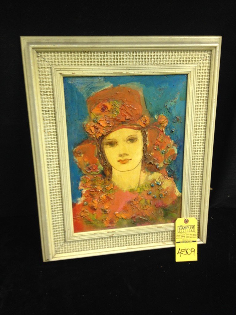 OIL ON BOARD - FEMALE WITH HAT & FLOWERS - SIGNED LAURA: OIL ON BOARD - FEMALE WITH HAT & FLOWERS - SIGNED LAURA MARQUEZ (BOTTOM RIGHT) - WOOD / WICKER DESIGN FRAME - SIZE WITHOUT FRAME 16''x12'' / SIZE WITH FRAME 22''x18''