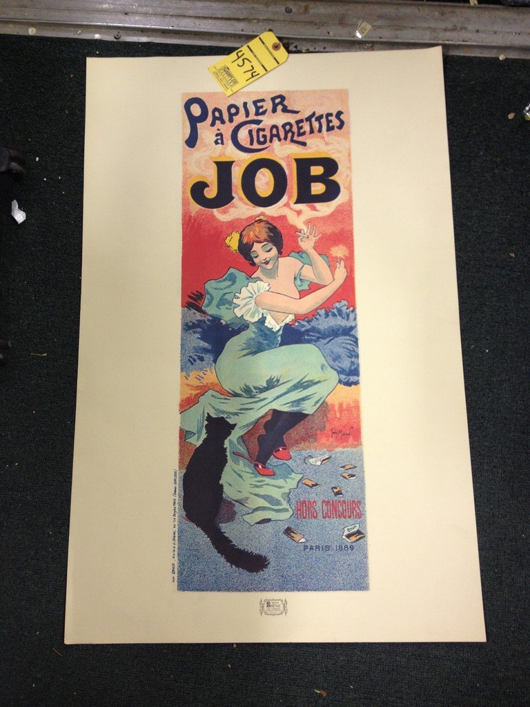 PRINT - ''PAPIER A CIGARETTES JOB'' / FRENCH GIRL: PRINT - ''PAPIER A CIGARETTES JOB'' / FRENCH GIRL SMOKING WITH CAT / MILAN BULOVIC ART COMPANY / VINTAGE - SIGNED MOMIEN (BOTTOM RIGHT ON POSTER) - NO FRAME 35''x23''