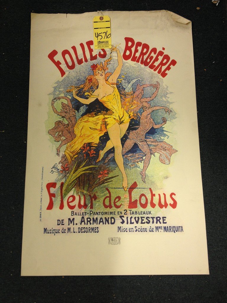 PRINT - ''FOLIES BERGERE'' / FLEUR DE LOTUS / FRENCH: PRINT - ''FOLIES BERGERE'' / FLEUR DE LOTUS / FRENCH DANCING LADIES / MILAN BULOVIC ART COMPANY / VINTAGE - SIGNED CHEREL (BOTTOM RIGHT IN PRINT) - NO FRAME 35''x23'' (DAMAGE TOP OF BORDER)