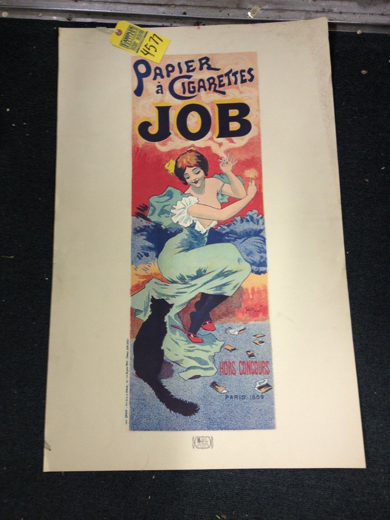 PRINT - ''PAPIER A CIGARETTES JOB'' / FRENCH GIRL: PRINT - ''PAPIER A CIGARETTES JOB'' / FRENCH GIRL SMOKING WITH CAT / MILAN BULOVIC ART COMPANY / VINTAGE - SIGNED MOMIEN (BOTTOM RIGHT ON POSTER) - NO FRAME 35''x23'' (SOME DAMAGE TOP BORDER)