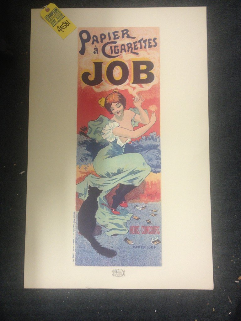 PRINT - ''PAPIER A CIGARETTES JOB'' / FRENCH GIRL: PRINT - ''PAPIER A CIGARETTES JOB'' / FRENCH GIRL SMOKING WITH CAT / MILAN BULOVIC ART COMPANY / VINTAGE - SIGNED MOMIEN (BOTTOM RIGHT ON POSTER) - NO FRAME 35''x23'' (MINOR DAMAGE / MARKS ON BORDER)