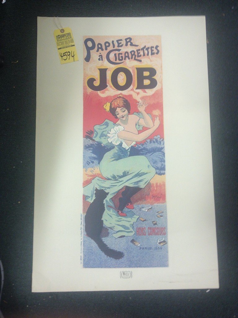 PRINT - ''PAPIER A CIGARETTES JOB'' / FRENCH GIRL: PRINT - ''PAPIER A CIGARETTES JOB'' / FRENCH GIRL SMOKING WITH CAT / MILAN BULOVIC ART COMPANY / VINTAGE - SIGNED MOMIEN (BOTTOM RIGHT ON POSTER) - NO FRAME 35''x23'' (MINOR DAMAGE / MARKS ON BORDER)