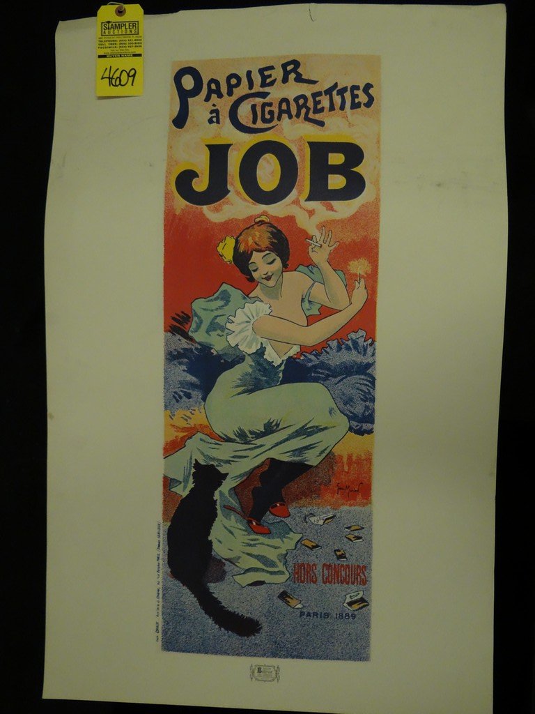 PRINT - ''PAPIER A CIGARETTES JOB'' / FRENCH GIRL: PRINT - ''PAPIER A CIGARETTES JOB'' / FRENCH GIRL SMOKING WITH CAT / MILAN BULOVIC ART COMPANY / VINTAGE - SIGNED MOMIEN (BOTTOM RIGHT ON POSTER) - NO FRAME 35''x23'' (MINOR DAMAGE / MARKS ON BORDER /