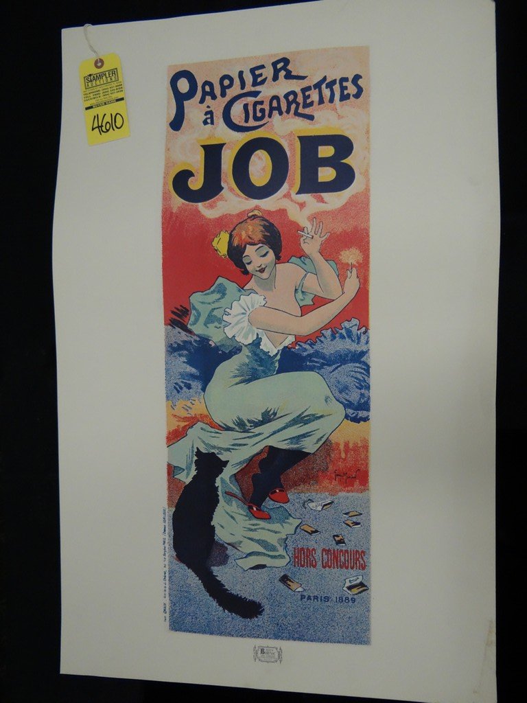 PRINT - ''PAPIER A CIGARETTES JOB'' / FRENCH GIRL: PRINT - ''PAPIER A CIGARETTES JOB'' / FRENCH GIRL SMOKING WITH CAT / MILAN BULOVIC ART COMPANY / VINTAGE - SIGNED MOMIEN (BOTTOM RIGHT ON POSTER) - NO FRAME 35''x23'' (MINOR DAMAGE / MARKS ON BORDER)