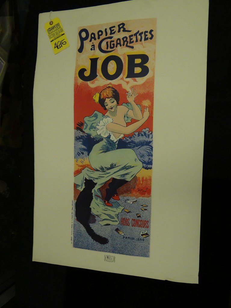 PRINT - ''PAPIER A CIGARETTES JOB'' / FRENCH GIRL: PRINT - ''PAPIER A CIGARETTES JOB'' / FRENCH GIRL SMOKING WITH CAT / MILAN BULOVIC ART COMPANY / VINTAGE - SIGNED MOMIEN (BOTTOM RIGHT ON POSTER) - NO FRAME 35''x23'' (MINOR DAMAGE / MARKS ON BORDER /