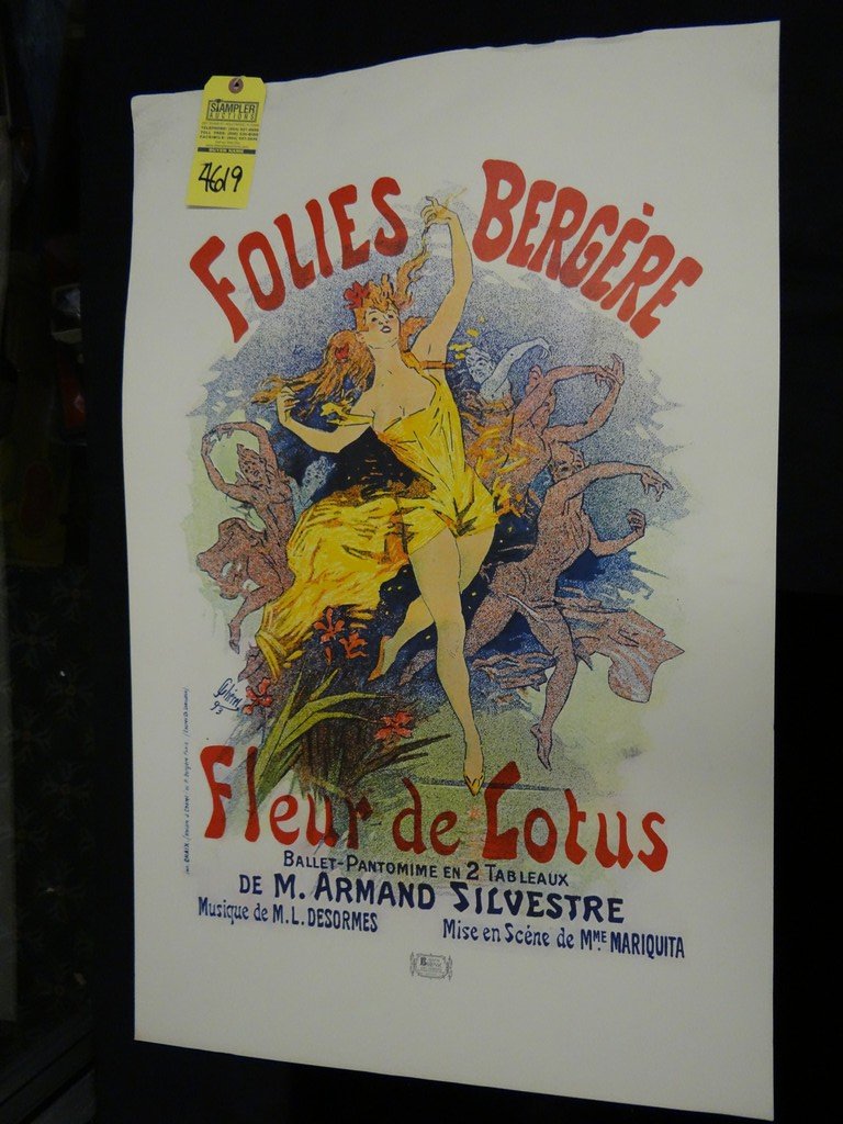 PRINT - ''FOLIES BERGERE'' / FLEUR DE LOTUS / FRENCH: PRINT - ''FOLIES BERGERE'' / FLEUR DE LOTUS / FRENCH DANCING LADIES / MILAN BULOVIC ART COMPANY / VINTAGE - SIGNED CHEREL (BOTTOM RIGHT IN PRINT) - NO FRAME 35''x23'' (MINOR DAMAGE ON BORDER)