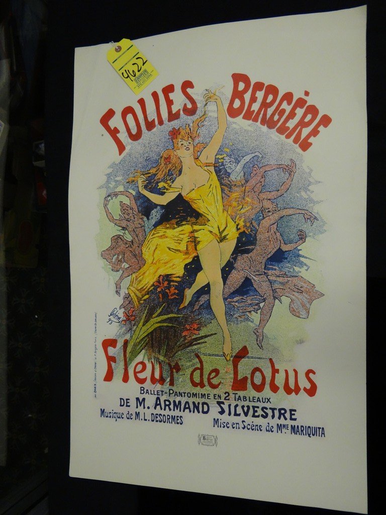 PRINT - ''FOLIES BERGERE'' / FLEUR DE LOTUS / FRENCH: PRINT - ''FOLIES BERGERE'' / FLEUR DE LOTUS / FRENCH DANCING LADIES / MILAN BULOVIC ART COMPANY / VINTAGE - SIGNED CHEREL (BOTTOM RIGHT IN PRINT) - NO FRAME 35''x23'' (MINOR DAMAGE ON BORDER)